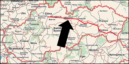 Implementácia GSM-R do siete ŽSR, úsek Varín – Košice – Čierna nad Tisou štátna hranica mapa