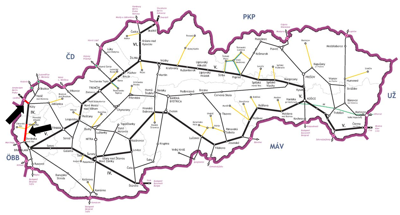 Modernizácia dvoch úsekov železničnej trate Devínska Nová Ves – štátna hranica SK/CZ mapa