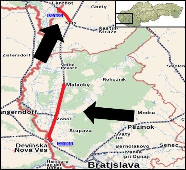 Modernizácia železničnej trate v dvoch úsekoch štátna hranica CZ/SK – Devínska Nová Ves mapa