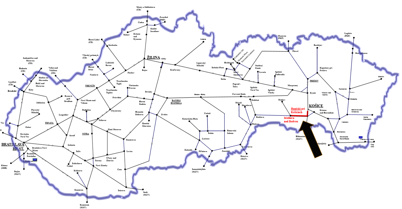 Mapa zvýrazňujúca úsek Moldava nad Bodvou - Haniská pri Košiciach